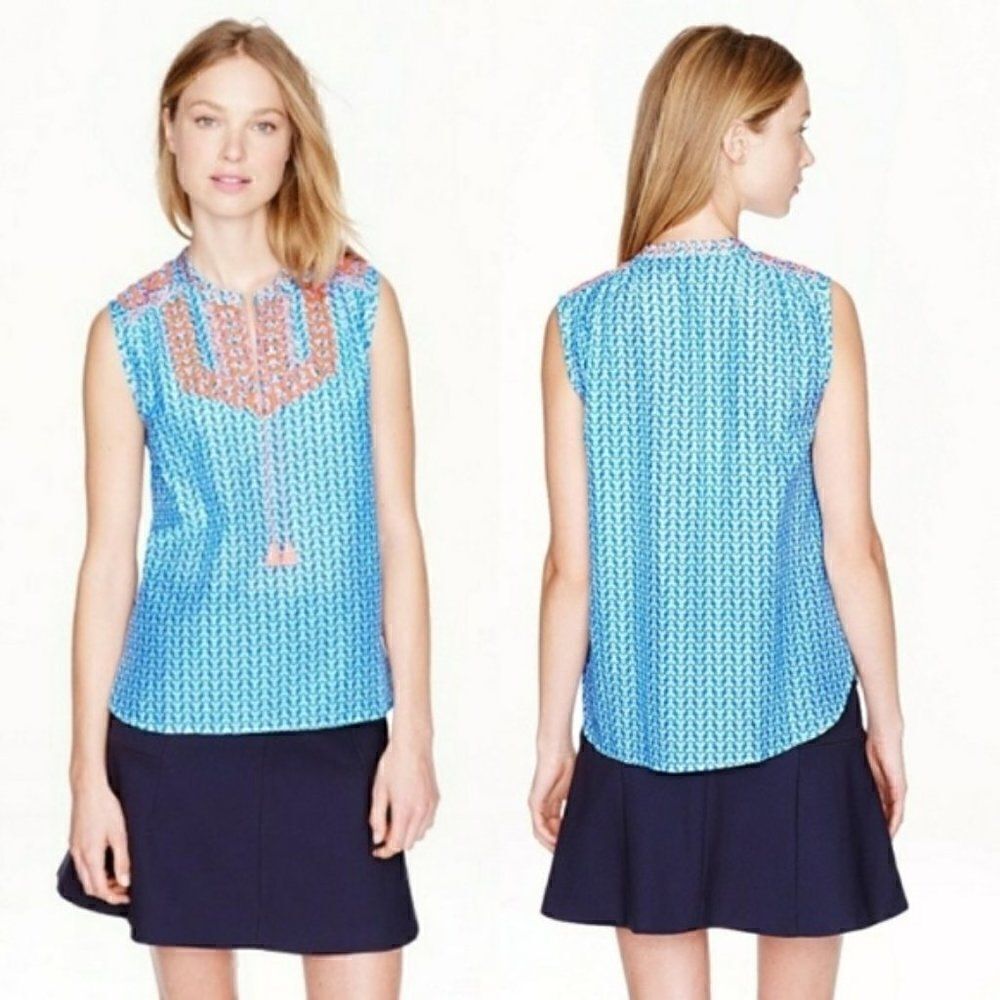 J. Crew Embroidered Tassel Top Blue Sleeveless